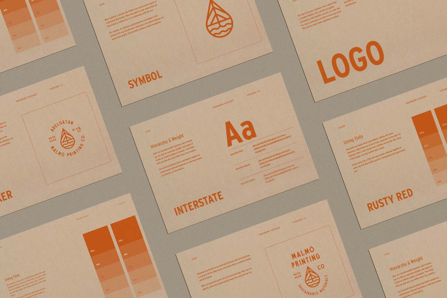 Pages from a brand identity guide showing logo design, font selection and brand color palette.